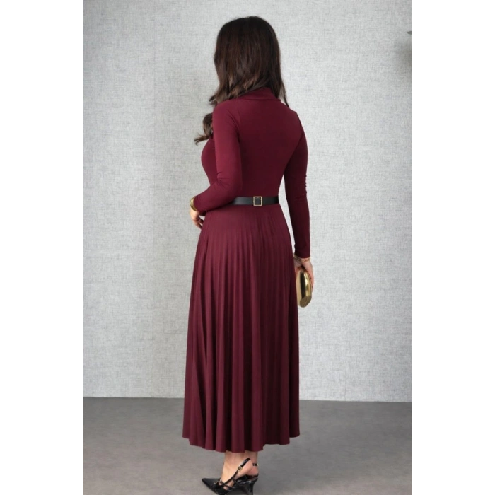 MARSiLYAN- Kadın Uzun Kollu Balıkçı Yaka Kemersiz Pileli Uzun Sandy Elbise