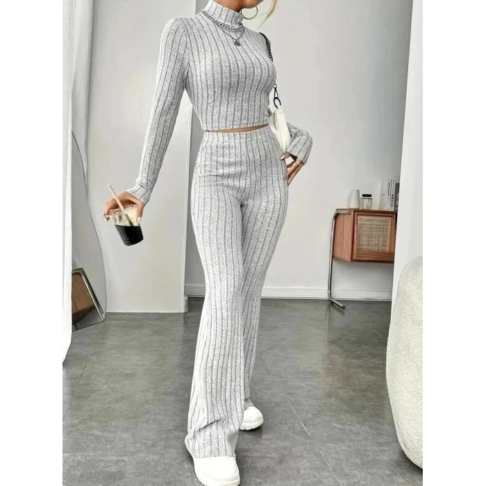 MARSiLYAN- Kadın Uzun Kollu Balıkçı Yaka Krop Ve Pantolon şardonlu Kaşkorse Ikili Takım