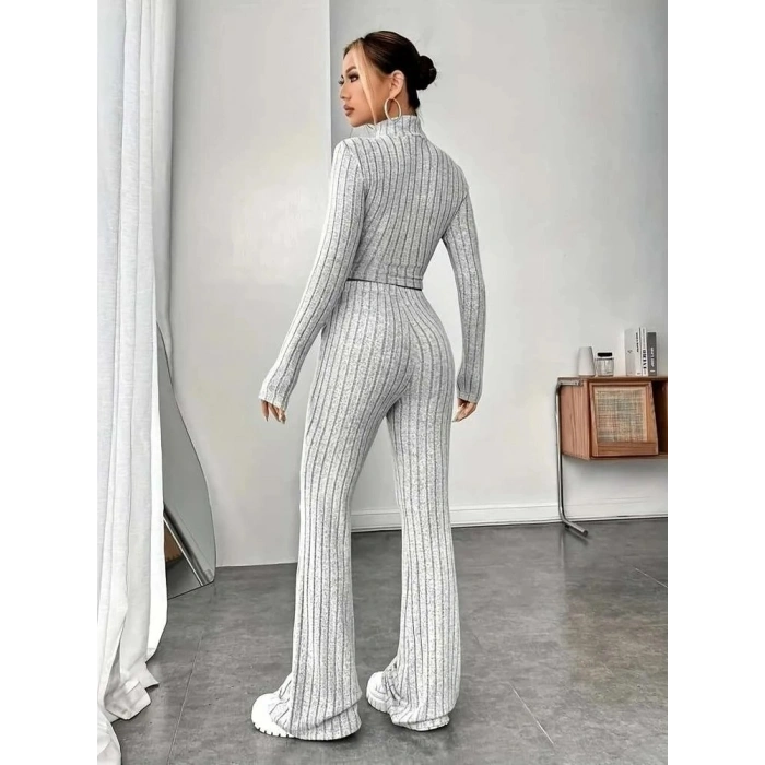 MARSiLYAN- Kadın Uzun Kollu Balıkçı Yaka Krop Ve Pantolon şardonlu Kaşkorse Ikili Takım