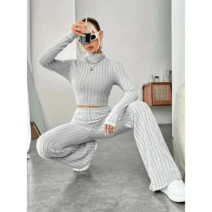 MARSiLYAN- Kadın Uzun Kollu Balıkçı Yaka Krop Ve Pantolon şardonlu Kaşkorse Ikili Takım