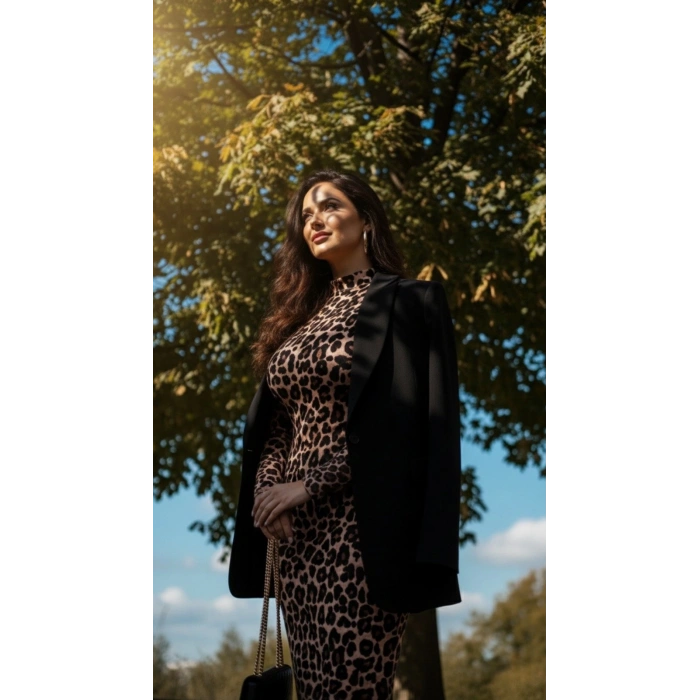 MARSiLYAN- Kadın Uzun Kollu Balıkçı Yaka Leopar Desenli Midi Boy Elbise