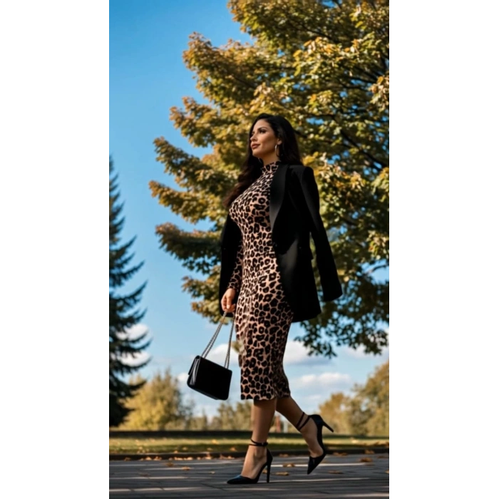 MARSiLYAN- Kadın Uzun Kollu Balıkçı Yaka Leopar Desenli Midi Boy Elbise