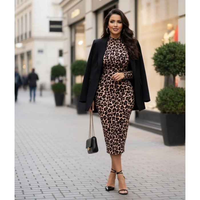 MARSiLYAN- Kadın Uzun Kollu Balıkçı Yaka Leopar Desenli Midi Boy Elbise