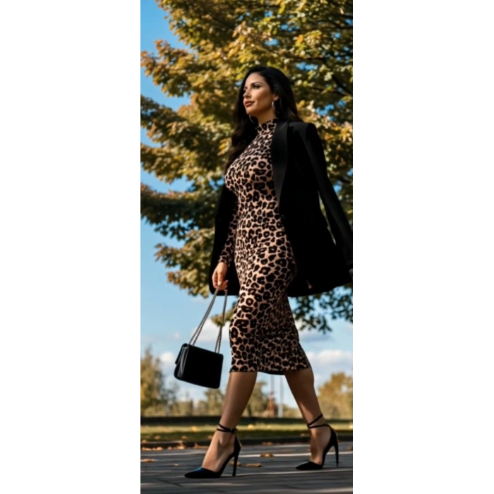 MARSiLYAN- Kadın Uzun Kollu Balıkçı Yaka Leopar Desenli Midi Boy Elbise