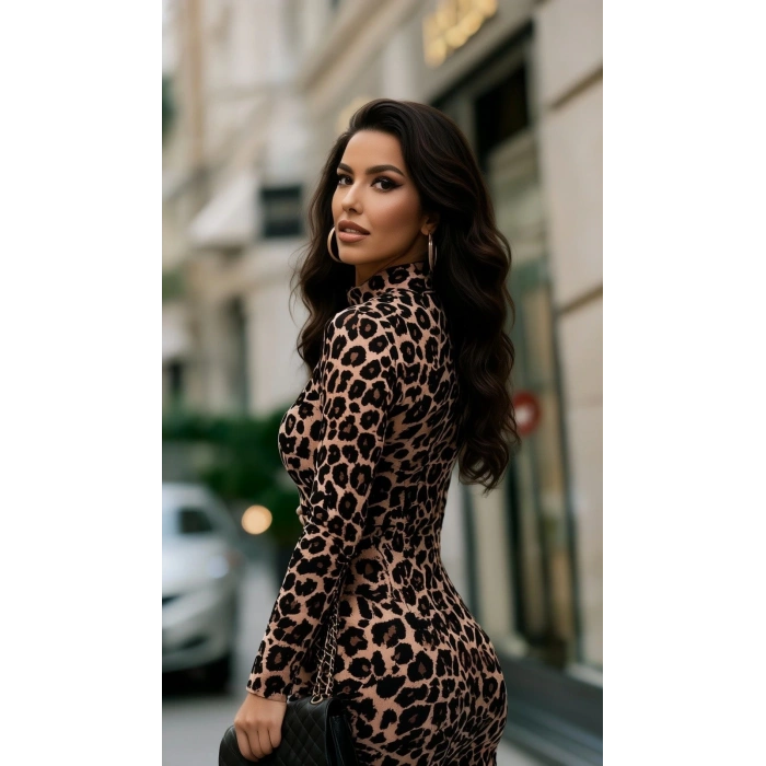 MARSiLYAN- Kadın Uzun Kollu Balıkçı Yaka Leopar Desenli Midi Boy Elbise