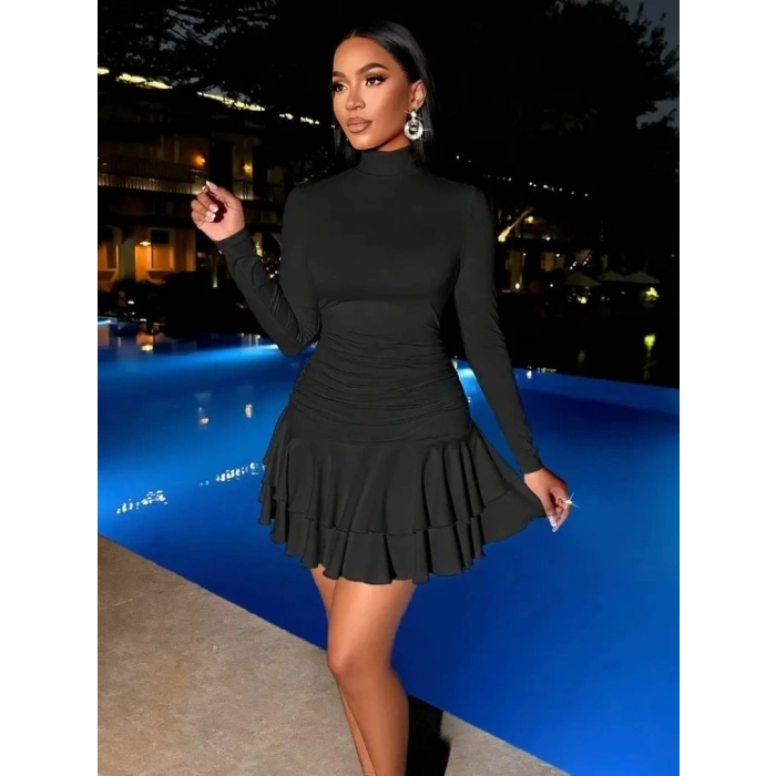 MARSiLYAN- Kadın Uzun Kollu Balıkçı Yaka Mini Fırfırlı Sandy Elbise