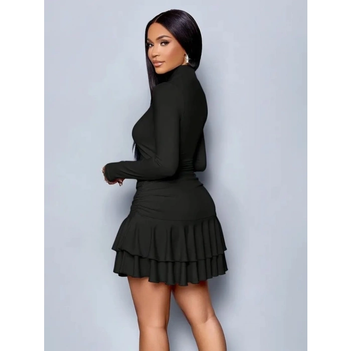 MARSiLYAN- Kadın Uzun Kollu Balıkçı Yaka Mini Fırfırlı Sandy Elbise