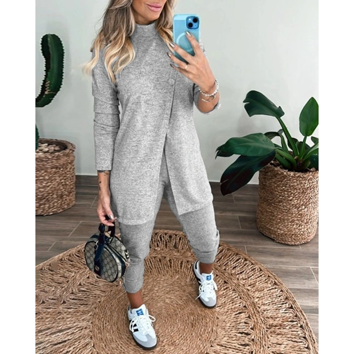 MARSiLYAN- Kadın Uzun Kollu Balıkçı Yaka önden Düğmeli Bluz Ve Pantolon Yumoş Ikili Takım