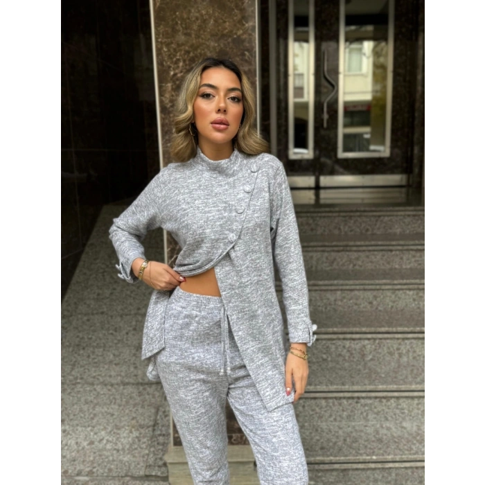 MARSiLYAN- Kadın Uzun Kollu Balıkçı Yaka önden Düğmeli Bluz Ve Pantolon Yumoş Ikili Takım