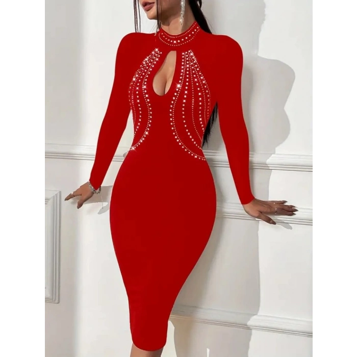 MARSiLYAN- Kadın Uzun Kollu Balıkçı Yaka Taşlı Damla Detay Midi Ithal Krep Elbise