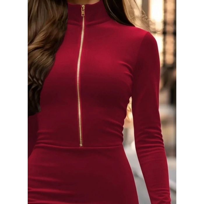 MARSiLYAN- Kadın Uzun Kollu Balıkçı Yaka Yakadan Göğüse Kadar Fermuar Detaylı Mini Kadife Elbise