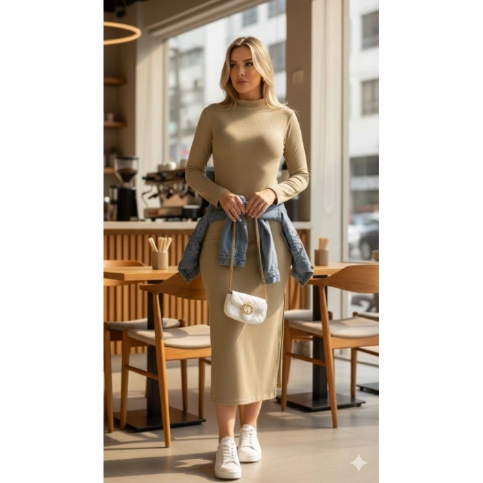 MARSiLYAN- Kadın Uzun Kollu Balıkçı Yakalı Yanlardan Yırtmaçlı Kaşkorse Maxi Elbise