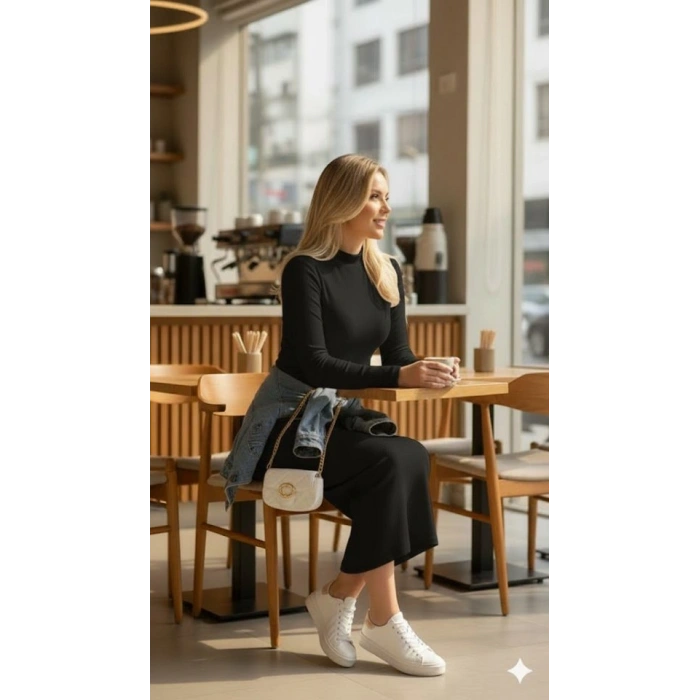 MARSiLYAN- Kadın Uzun Kollu Balıkçı Yakalı Yanlardan Yırtmaçlı Kaşkorse Maxi Elbise