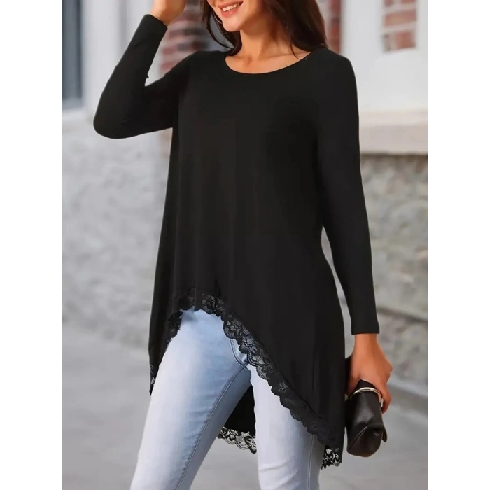 MARSiLYAN- Kadın Uzun Kollu Bisiklet Yaka Asimetrik Kesim Detaylı Dantelli Viskon Bluz