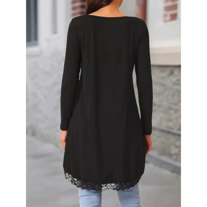 MARSiLYAN- Kadın Uzun Kollu Bisiklet Yaka Asimetrik Kesim Detaylı Dantelli Viskon Bluz