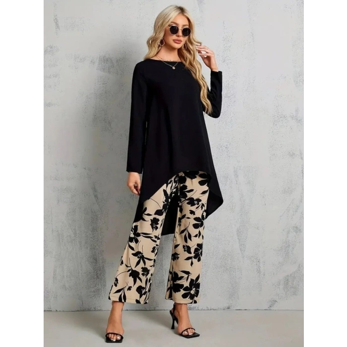 MARSiLYAN- Kadın Uzun Kollu Bisiklet Yaka Asimetrik Kesim Detaylı Viskon Bluz Ve çiçek Desenli Iki Iplik Pantolon