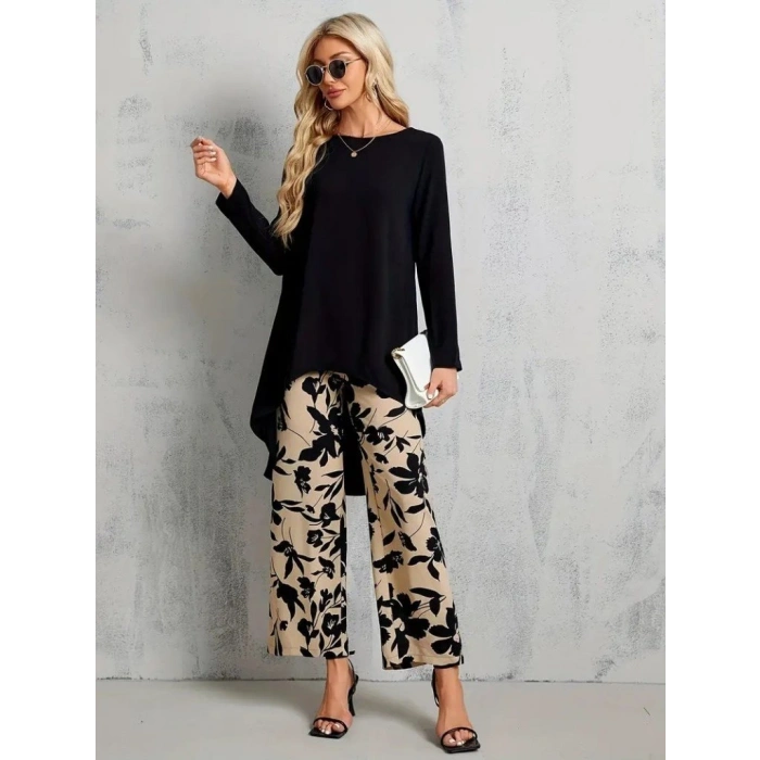 MARSiLYAN- Kadın Uzun Kollu Bisiklet Yaka Asimetrik Kesim Detaylı Viskon Bluz Ve çiçek Desenli Iki Iplik Pantolon