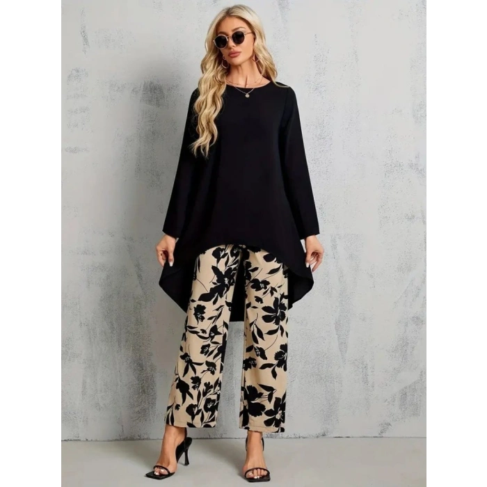 MARSiLYAN- Kadın Uzun Kollu Bisiklet Yaka Asimetrik Kesim Detaylı Viskon Bluz Ve çiçek Desenli Iki Iplik Pantolon