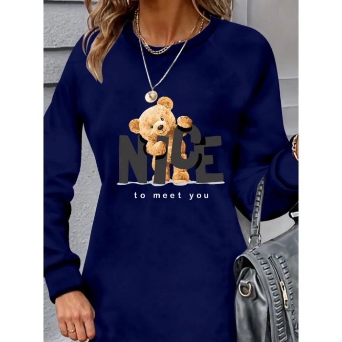 MARSiLYAN- Kadın Uzun Kollu Bisiklet Yaka Ayı Desenli Viskon Iki Iplik Elbise