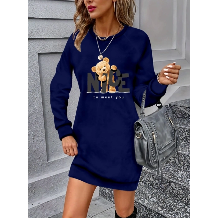 MARSiLYAN- Kadın Uzun Kollu Bisiklet Yaka Ayı Desenli Viskon Iki Iplik Elbise