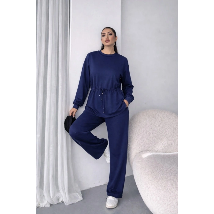 MARSiLYAN- Kadın Uzun Kollu Bisiklet Yaka Belden Büzgülü Bağcıklı Viskon Iki Iplik Bluz Ve Pantolon Ikili Takım