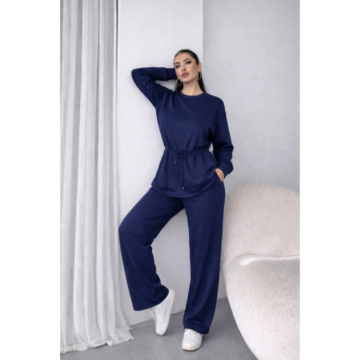 MARSiLYAN- Kadın Uzun Kollu Bisiklet Yaka Belden Büzgülü Bağcıklı Viskon Iki Iplik Bluz Ve Pantolon Ikili Takım