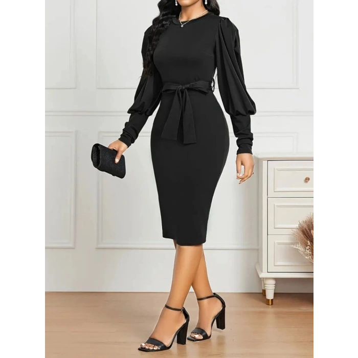 MARSiLYAN- Kadın Uzun Kollu Bisiklet Yaka Beli Kuşaklı Ithal Krep Midi Elbise