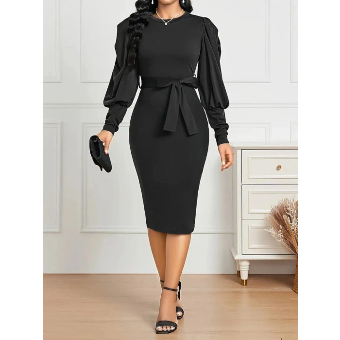 MARSiLYAN- Kadın Uzun Kollu Bisiklet Yaka Beli Kuşaklı Ithal Krep Midi Elbise