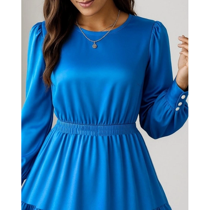 MARSiLYAN- Kadın Uzun Kollu Bisiklet Yaka Beli Lastikli Fırfırlı Ithal Krep Elbise