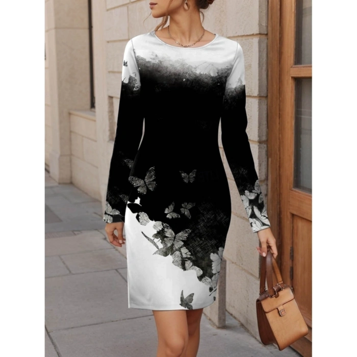 MARSiLYAN- Kadın Uzun Kollu Bisiklet Yaka çiçek Desenli Kısa şardonlu Dalgıç Elbise