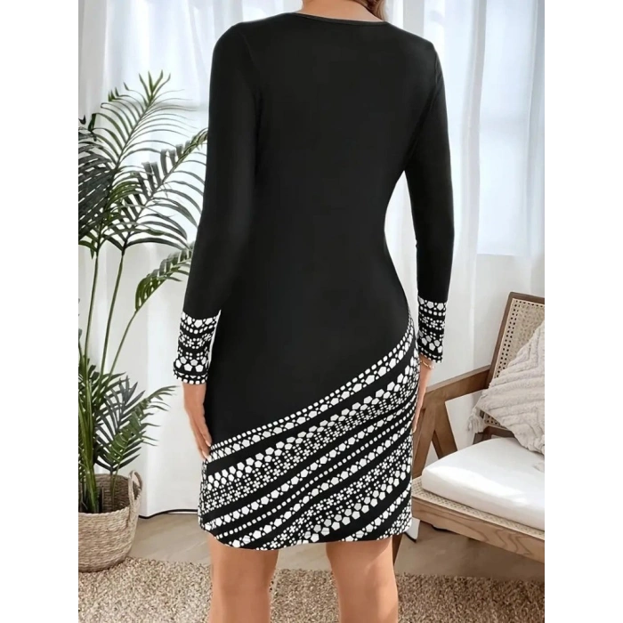 MARSiLYAN- Kadın Uzun Kollu Bisiklet Yaka Desenli Dalgıç Elbise