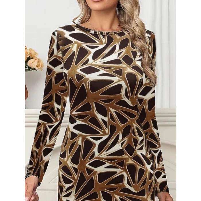MARSiLYAN- Kadın Uzun Kollu Bisiklet Yaka Desenli Dalgıç Kısa Elbise