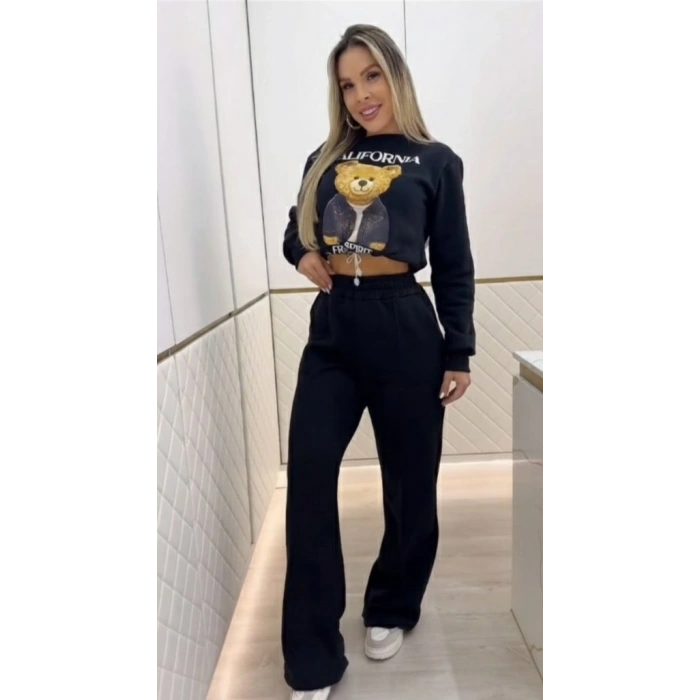 MARSiLYAN- Kadın Uzun Kollu Bisiklet Yaka Desenli Iki Iplik şardonlu Bluz Ve Pantolon Ikili Takım