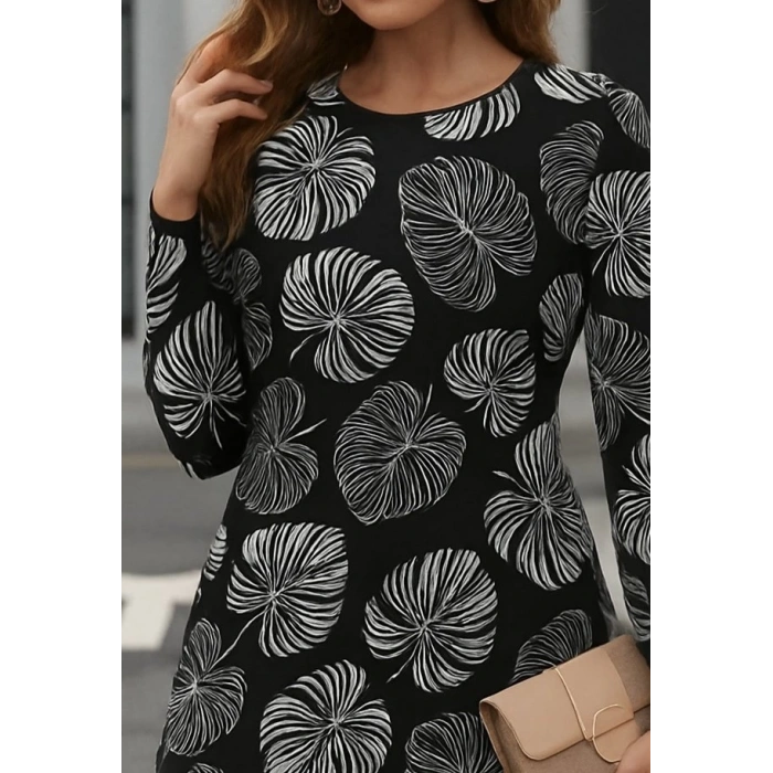 MARSiLYAN- Kadın Uzun Kollu Bisiklet Yaka Desenli Kısa Krep Elbise