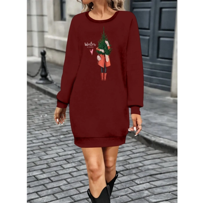 MARSiLYAN- Kadın Uzun Kollu Bisiklet Yaka Desenli Kısa Viskon Iki Iplik Elbise