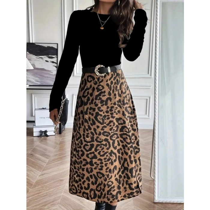 MARSiLYAN- Kadın Uzun Kollu Bisiklet Yaka Ithal Krep Bluz Alt Desenli Modal Midi Elbise