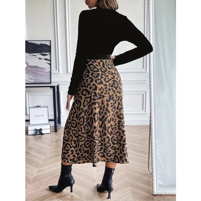 MARSiLYAN- Kadın Uzun Kollu Bisiklet Yaka Ithal Krep Bluz Alt Desenli Modal Midi Elbise