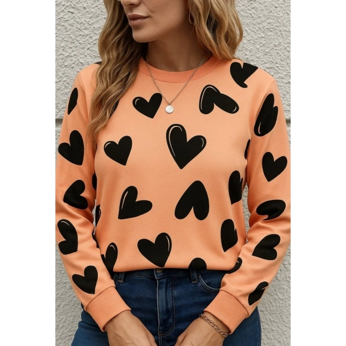 MARSiLYAN- Kadın Uzun Kollu Bisiklet Yaka Kalp Desenli Iki Iplik Bluz