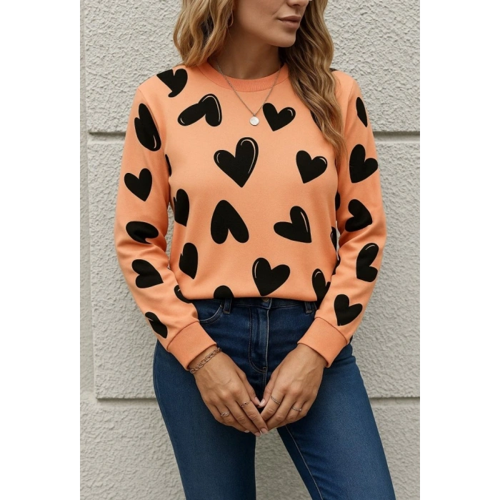 MARSiLYAN- Kadın Uzun Kollu Bisiklet Yaka Kalp Desenli Iki Iplik Bluz