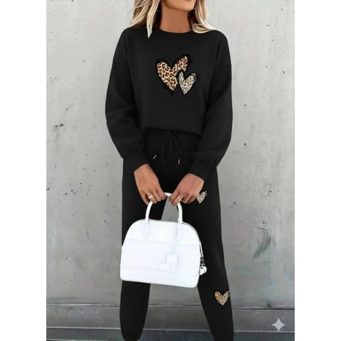 MARSiLYAN- Kadın Uzun Kollu Bisiklet Yaka Kalp Desenli şardonlu üç Iplik Bluz Ve Pantolon Ikili Takım