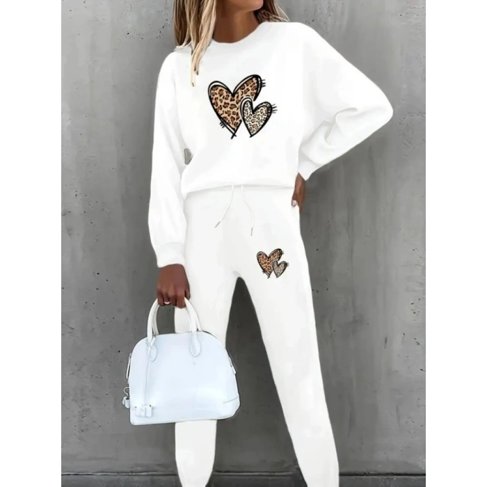 MARSiLYAN- Kadın Uzun Kollu Bisiklet Yaka Kalp Desenli şardonlu üç Iplik Bluz Ve Pantolon Ikili Takım