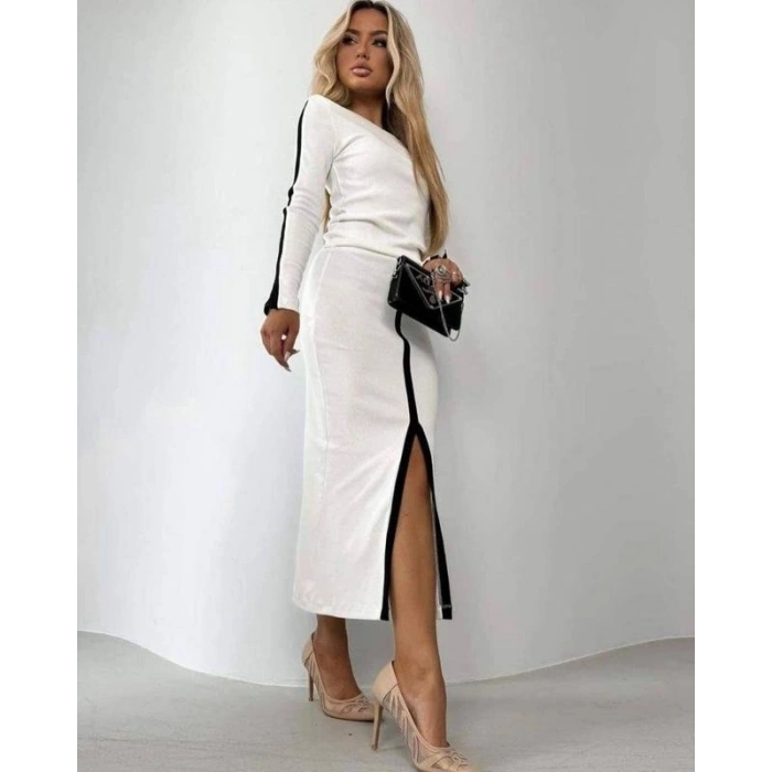 MARSiLYAN- Kadın Uzun Kollu Bisiklet Yaka Kaşkorse Bluz Ve Yırtmaçlı Etek Ikili Takım