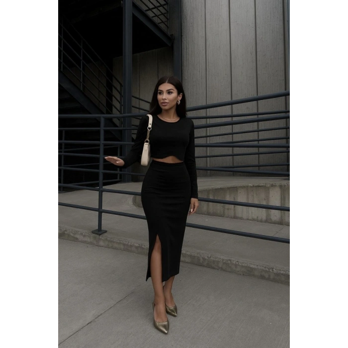 MARSiLYAN- Kadın Uzun Kollu Bisiklet Yaka Kısa Krop Dalgıç Bluz Ile önden Yırtmaçlı Uzun Etek Ikili Takım