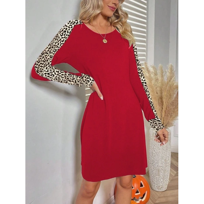 MARSiLYAN- Kadın Uzun Kollu Bisiklet Yaka Kollar Leopar Detay Iki Iplik Mini Boy Elbise