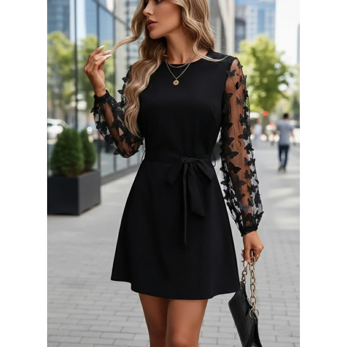 MARSiLYAN- Kadın Uzun Kollu Bisiklet Yaka Kollar Tül Kelebek Detaylı Ithal Krep Elbise