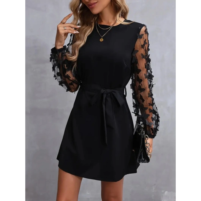 MARSiLYAN- Kadın Uzun Kollu Bisiklet Yaka Kollar Tül Kelebek Detaylı Ithal Krep Elbise