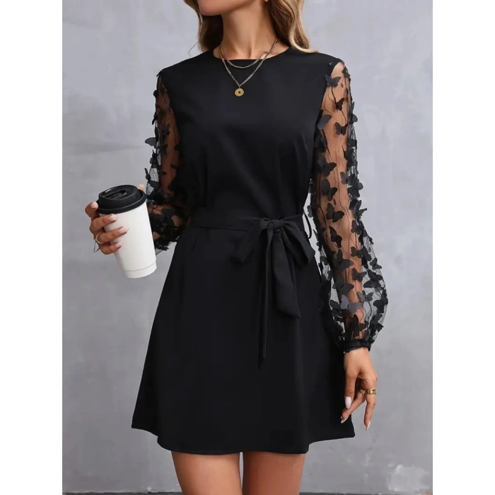 MARSiLYAN- Kadın Uzun Kollu Bisiklet Yaka Kollar Tül Kelebek Detaylı Ithal Krep Elbise