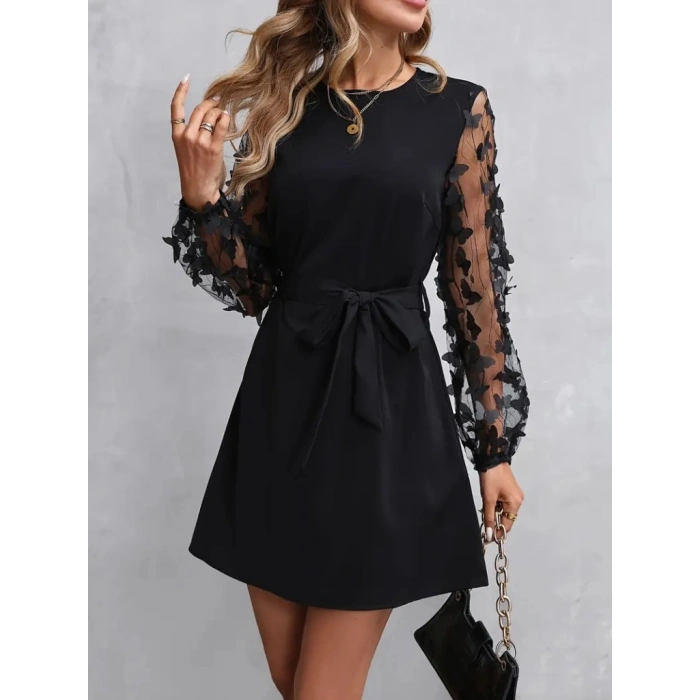 MARSiLYAN- Kadın Uzun Kollu Bisiklet Yaka Kollar Tül Kelebek Detaylı Ithal Krep Elbise