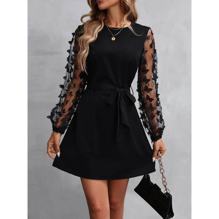 MARSiLYAN- Kadın Uzun Kollu Bisiklet Yaka Kollar Tül Kelebek Detaylı Ithal Krep Elbise