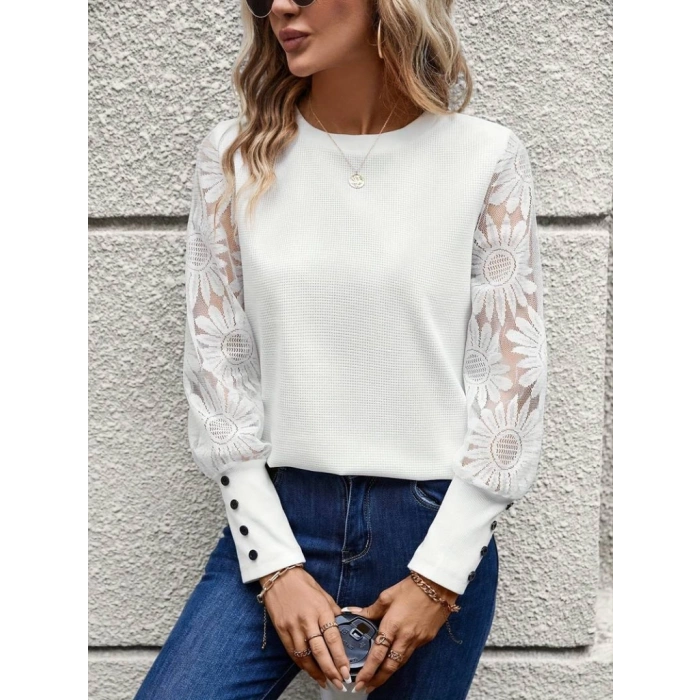 MARSiLYAN- Kadın Uzun Kollu Bisiklet Yaka Kolları çiçekli Waffle Bluz